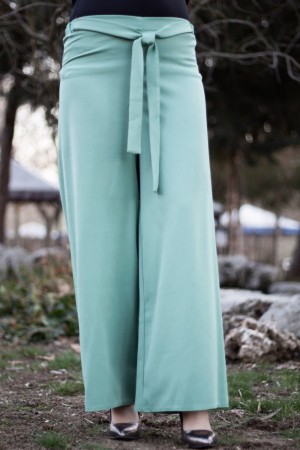 Beli Lastikli Kuşaklı Bol Paça Pantolon  Açık Yeşil