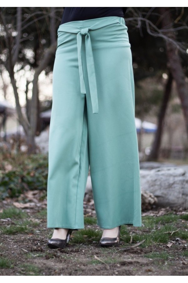 Beli Lastikli Kuşaklı Bol Paça Pantolon  Açık Yeşil