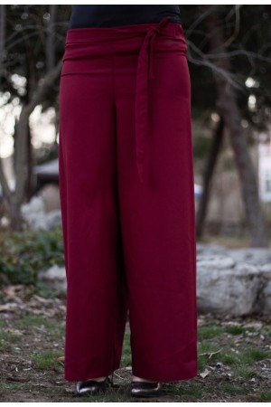 Beli Lastikli Kuşaklı Bol Paça Pantolon Bordo Beli Lastikli Kuşaklı Bol Paça Pantolon Bordo