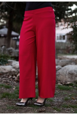 Beli Lastikli Kuşaklı Bol Paça Pantolon Kırmızı Beli Lastikli Kuşaklı Bol Paça Pantolon Kırmızı
