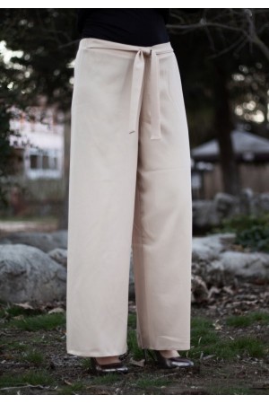 Beli Lastikli Kuşaklı Bol Paça Pantolon  Taş