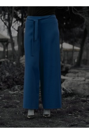 Beli Lastikli Kuşaklı Bol Paça Pantolon Petrol Mavi Beli Lastikli Kuşaklı Bol Paça Pantolon Petrol Mavi