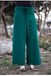 Beli Lastikli Kuşaklı Bol Paça Pantolon  Zümrüt
