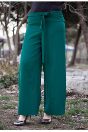 Beli Lastikli Kuşaklı Bol Paça Pantolon Zümrüt Beli Lastikli Kuşaklı Bol Paça Pantolon Zümrüt