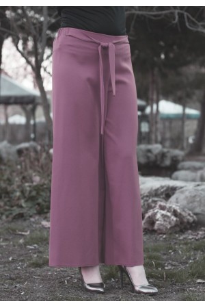 Beli Lastikli Kuşaklı Bol Paça Pantolon  Gül Kurusu