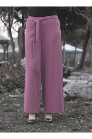Beli Lastikli Kuşaklı Bol Paça Pantolon Gül Kurusu Beli Lastikli Kuşaklı Bol Paça Pantolon Gül Kurusu