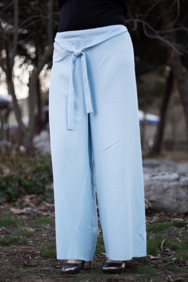 Beli Lastikli Kuşaklı Bol Paça Pantolon Bebe Mavi Beli Lastikli Kuşaklı Bol Paça Pantolon Bebe Mavi