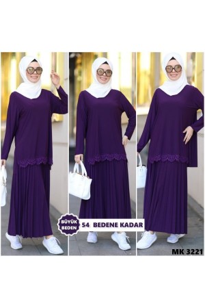 Büyük Beden Piliseli Gipür Detaylı İkili Takım  Koyu Mor