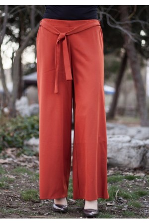 Beli Lastikli Kuşaklı Bol Paça Pantolon Kiremit Beli Lastikli Kuşaklı Bol Paça Pantolon Kiremit