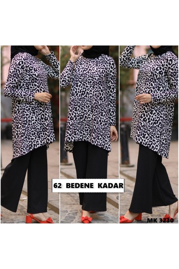 Büyük Beden Desenli İkili Takım Siyah Leopar Büyük Beden Desenli İkili Takım Siyah Leopar