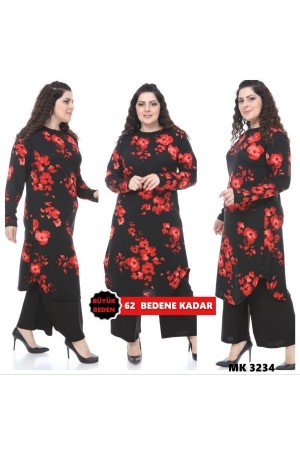 Büyük Beden Desenli Örme Krep Penye Tunik  Kırmızı Güllü
