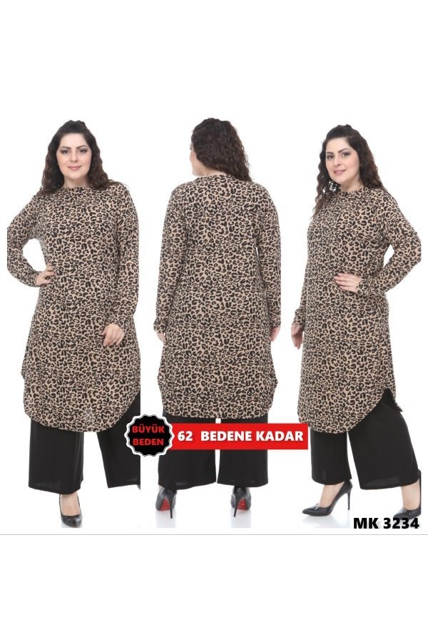 Büyük Beden Desenli Örme Krep Penye Tunik  Leopar