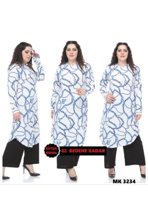 Büyük Beden Desenli Örme Krep Penye Tunik Mavi Zincir Büyük Beden Desenli Örme Krep Penye Tunik Mavi Zincir