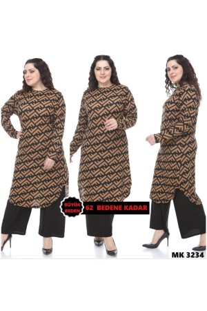Büyük Beden Desenli Örme Krep Penye Tunik  Kahve F