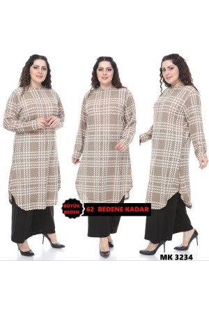 Büyük Beden Desenli Örme Krep Penye Tunik Vizon Büyük Beden Desenli Örme Krep Penye Tunik Vizon