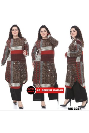 Büyük Beden Desenli Örme Krep Penye Tunik Kahve Büyük Beden Desenli Örme Krep Penye Tunik Kahve