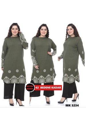 Büyük Beden Desenli Örme Krep Penye Tunik Haki Büyük Beden Desenli Örme Krep Penye Tunik Haki