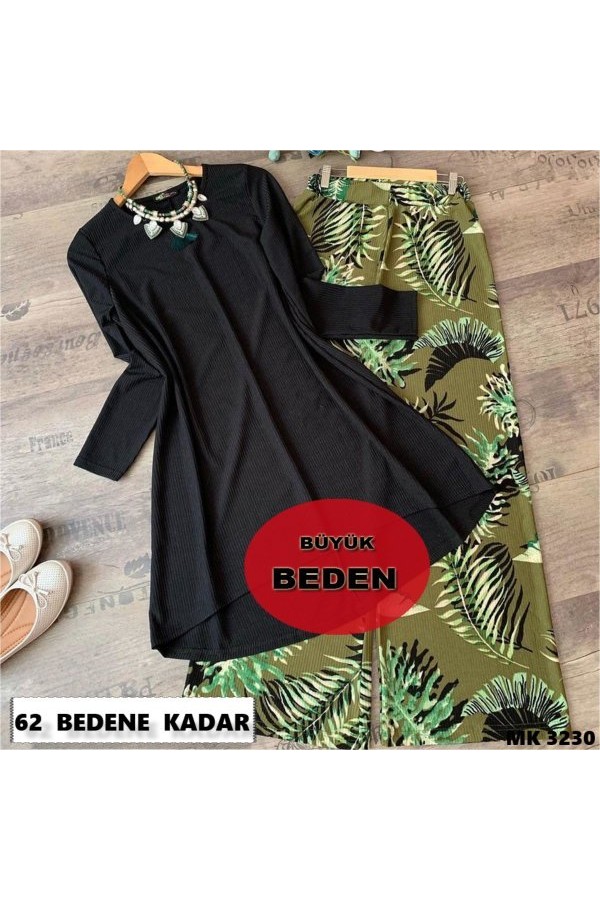 Büyük Beden Desenli İkili Takım Haki Palmiye Büyük Beden Desenli İkili Takım Haki Palmiye