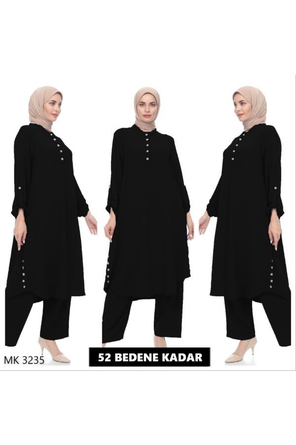 Büyük Beden Önden Düğme Detaylı İkili Ayrobin Takım  Siyah