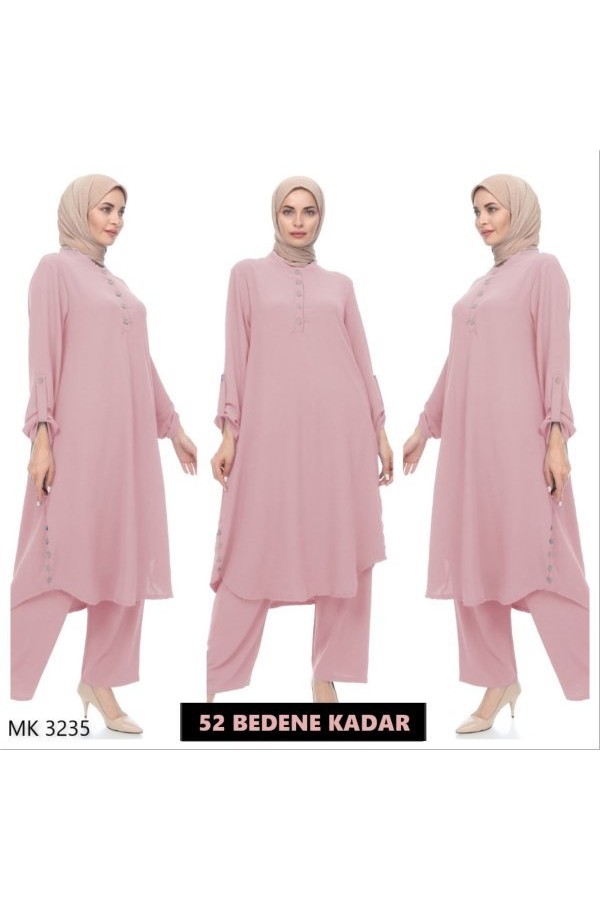 Büyük Beden Önden Düğme Detaylı İkili Ayrobin Takım Pudra Büyük Beden Önden Düğme Detaylı İkili Ayrobin Takım Pudra