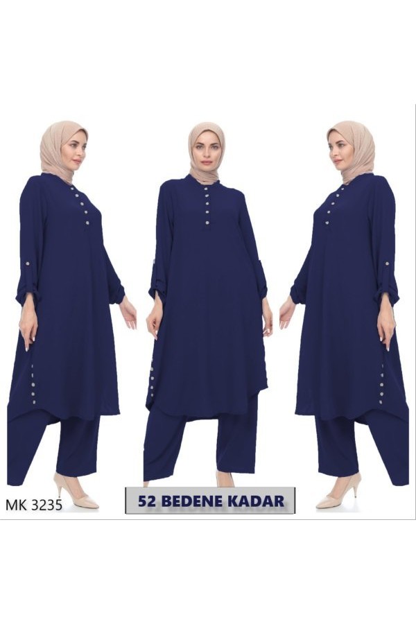 Büyük Beden Önden Düğme Detaylı İkili Ayrobin Takım  Lacivert