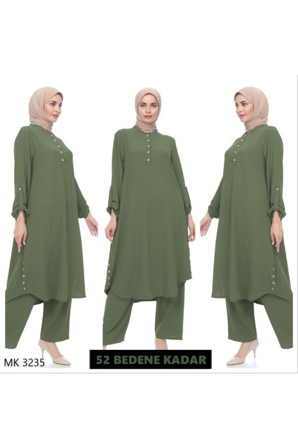 Büyük Beden Önden Düğme Detaylı İkili Ayrobin Takım Haki Büyük Beden Önden Düğme Detaylı İkili Ayrobin Takım Haki