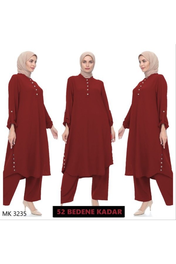 Büyük Beden Önden Düğme Detaylı İkili Ayrobin Takım Bordo Büyük Beden Önden Düğme Detaylı İkili Ayrobin Takım Bordo