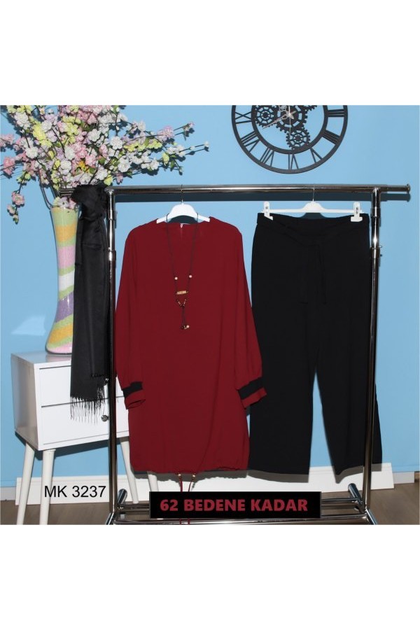 Büyük Beden Kolye Hediyeli Büzgülü Ayrobin İkili Takım  Bordo