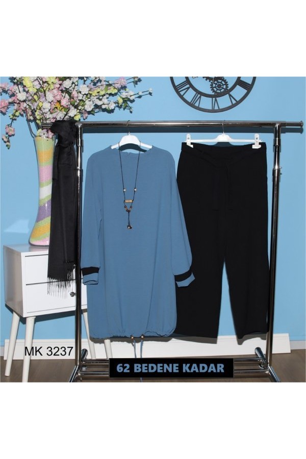 Büyük Beden Kolye Hediyeli Büzgülü Ayrobin İkili Takım  Petrol