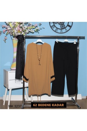 Büyük Beden Kolye Hediyeli Büzgülü Ayrobin İkili Takım  Sarı