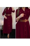 Büyük Beden Kemerli Düğmeli Ayrobin Pileli Elbise  Bordo