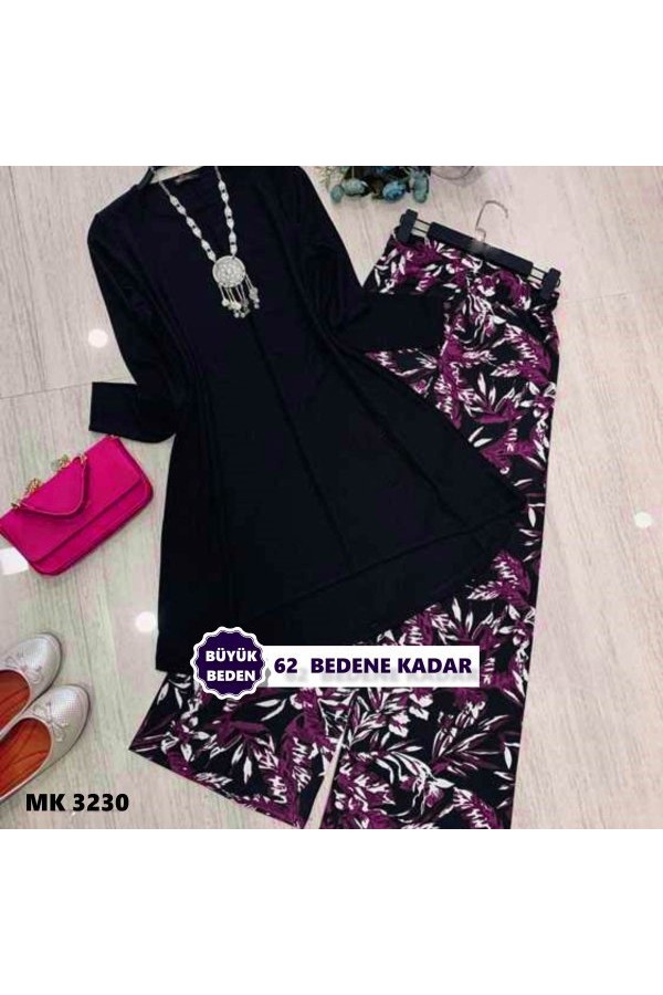 Büyük Beden Desenli İkili Takım Siyah Mor Büyük Beden Desenli İkili Takım Siyah Mor