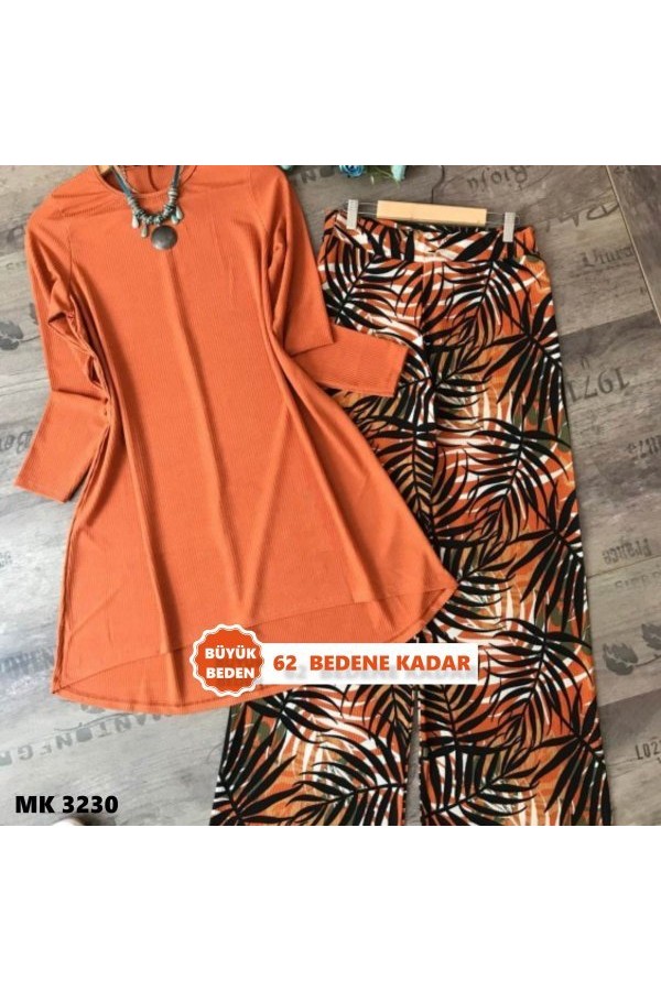 Büyük Beden Desenli İkili Takım  Kiremit Palmiye
