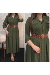 Büyük Beden Kemerli Düğmeli Ayrobin Pileli Elbise  Haki