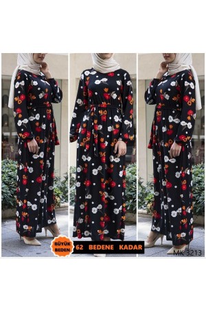 Büyük Beden Baskılı Krep Kumaş Elbise  64 bedene kadar mevcut  Siyah Karanfil