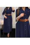 Büyük Beden Kemerli Düğmeli Ayrobin Pileli Elbise  Lacivert