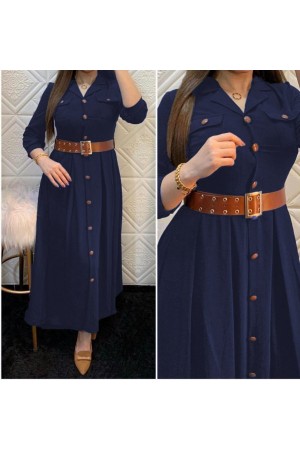 Büyük Beden Kemerli Düğmeli Ayrobin Pileli Elbise  Lacivert