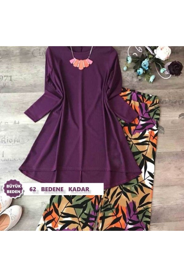 Büyük Beden Desenli İkili Takım Mor Büyük Beden Desenli İkili Takım Mor