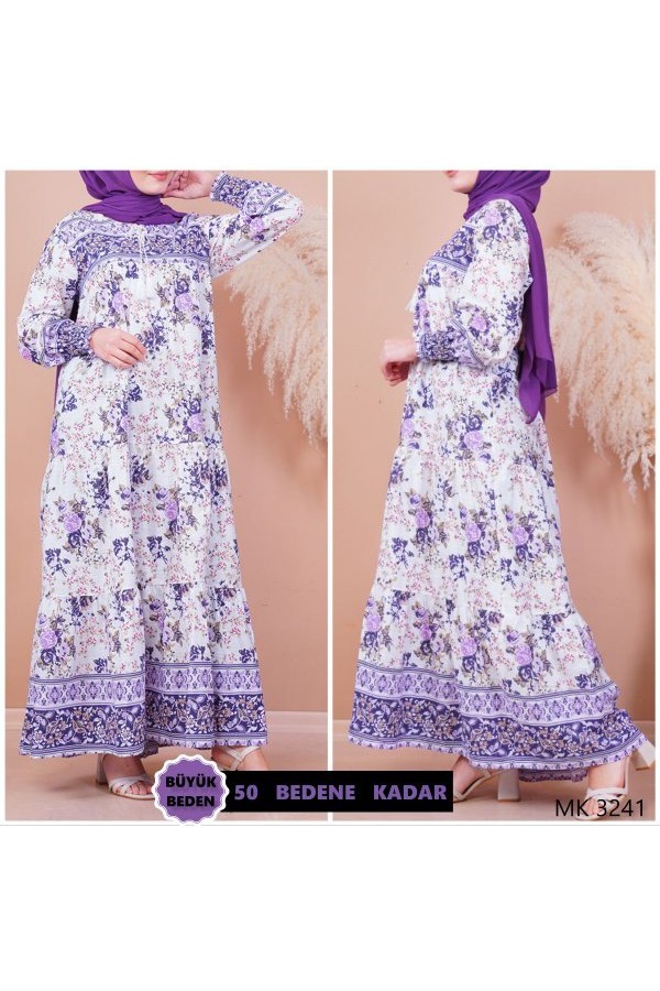 Büyük Beden Hasır Kemer Hediyeli Mevlana Kesim Desenli Elbise  Mor