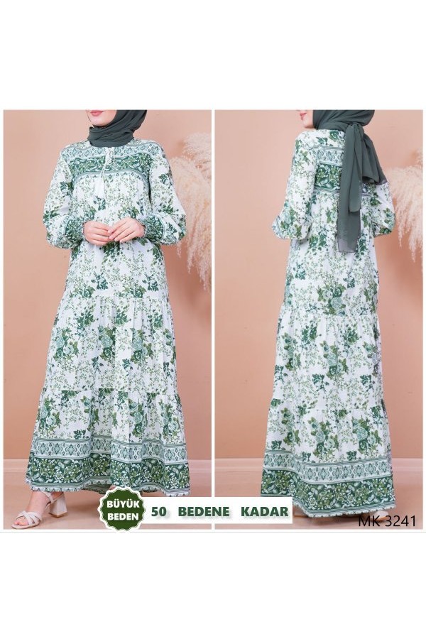 Büyük Beden Hasır Kemer Hediyeli Mevlana Kesim Desenli Elbise  Haki