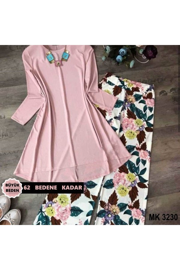 Büyük Beden Desenli İkili Takım Pudra Büyük Beden Desenli İkili Takım Pudra